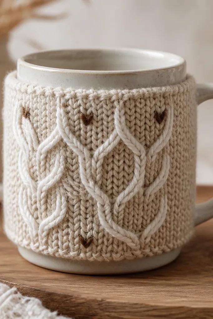 A mug wrapped on the front with a small panel of thick knit fabric in oatmeal. Over it, raised white piping lines form a cable-knit pattern, with a few brown stitches implied by paint.