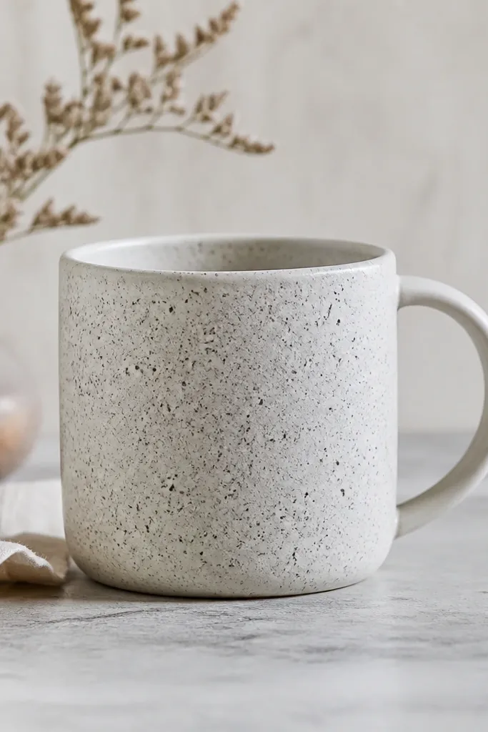 A pale mug with a soft, speckled gray surface. The speckles vary in size, like airbrushed pottery, and the handle is left plain.