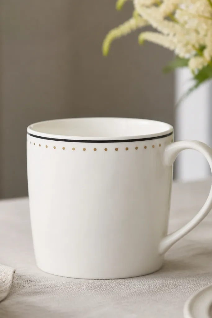 A white mug with a thin stamped border near the rim. The border is black, and there's a row of small metallic gold dots running under it.