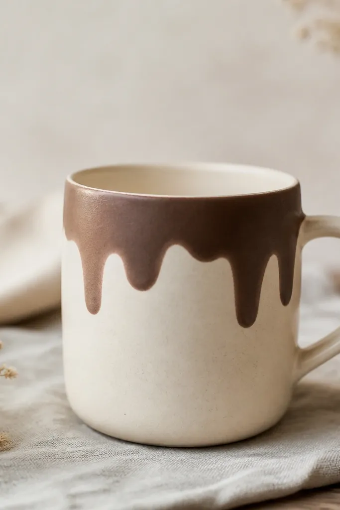 A cream mug with a hand-painted chocolate-brown drip coming down from near the rim. The drip has soft edges and a matte finish.