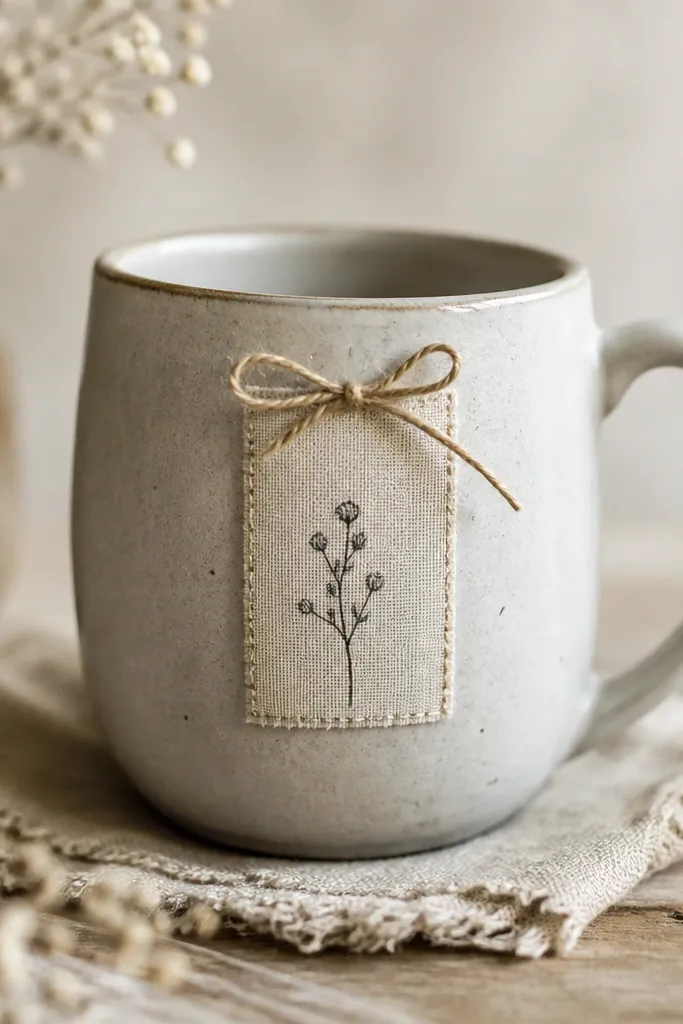A mug with a stitched linen tag on the front. Tiny handwritten text sits on the tag, and a small twine bow ties at the top edge.