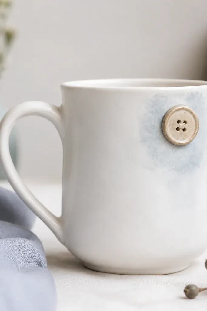 A white mug with a single large vintage button placed near the upper right corner of the front. The area around the button has a faint painted wash in pale blue.