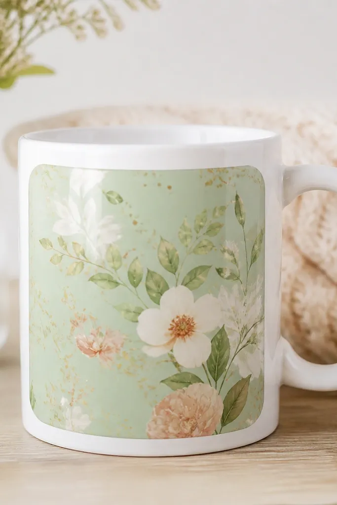 A mug with a front panel of patterned scrapbook paper. The corners are rounded, and the panel has a glossy clear coat so it looks like laminated art.
