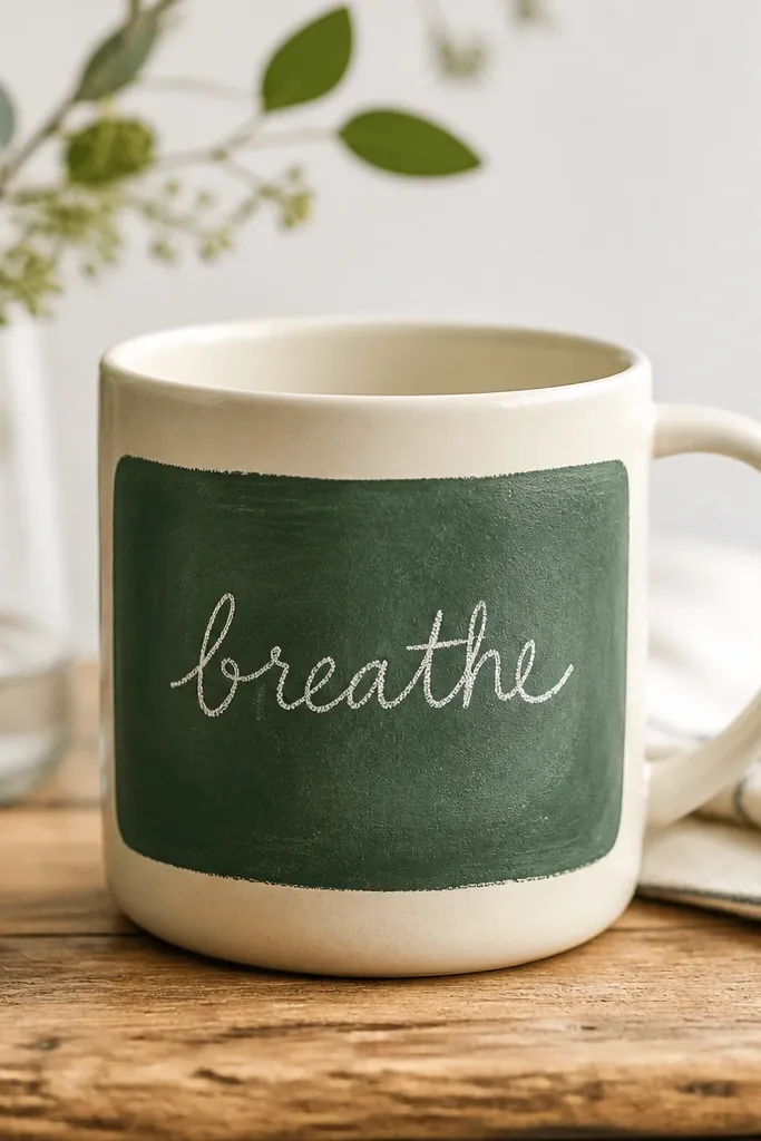 A dark green chalkboard-painted rectangle on a mug front with a handwritten white chalk word centered. The rest of the mug is plain cream.