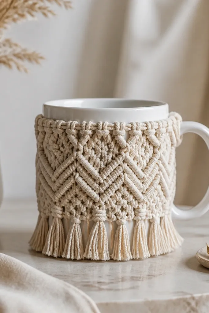 A mug wrapped with beige macrame cord around the front, with a small fringe hanging down at the bottom edge. The handle stays uncovered.