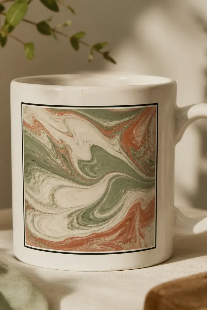 A mug front with a smooth acrylic pour swirl in sage green, cream, and muted terracotta. A thin dark border frames the pour like a picture.
