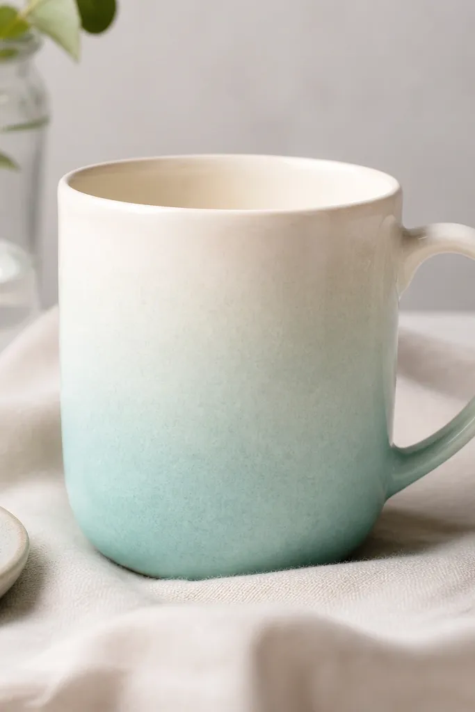 A mug with a vertical fade from pale aqua at the bottom to soft cream near the top, like sea glass. The edges are smooth with a gentle sponge texture.