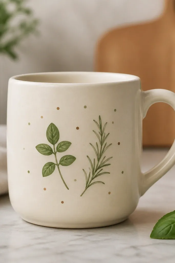 A cream mug with small herb stencils - maybe basil and rosemary - on the front. Around the herbs, there are tiny matching dots in green and brown.