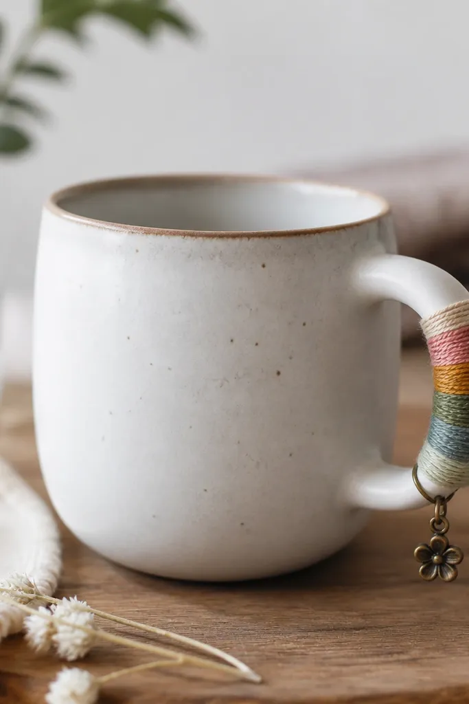 A mug with a small loop of colored embroidery thread wrapped around the handle side, plus a tiny charm attached near the front. The thread has a neat, stacked wrap pattern.