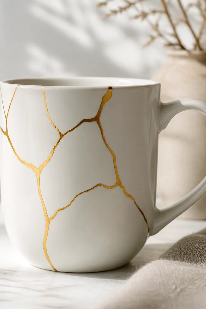A white mug with delicate gold lines drawn like cracks, branching across the front. The "crack" lines have a metallic sheen and look like painted gold leaf.