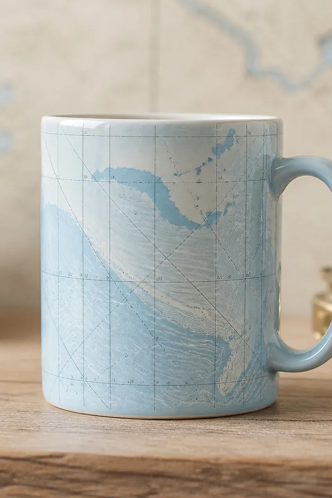A pale blue mug front with a light map-like pattern. There are small coordinate numbers and thin dashed lines, like a vintage navigation diagram.