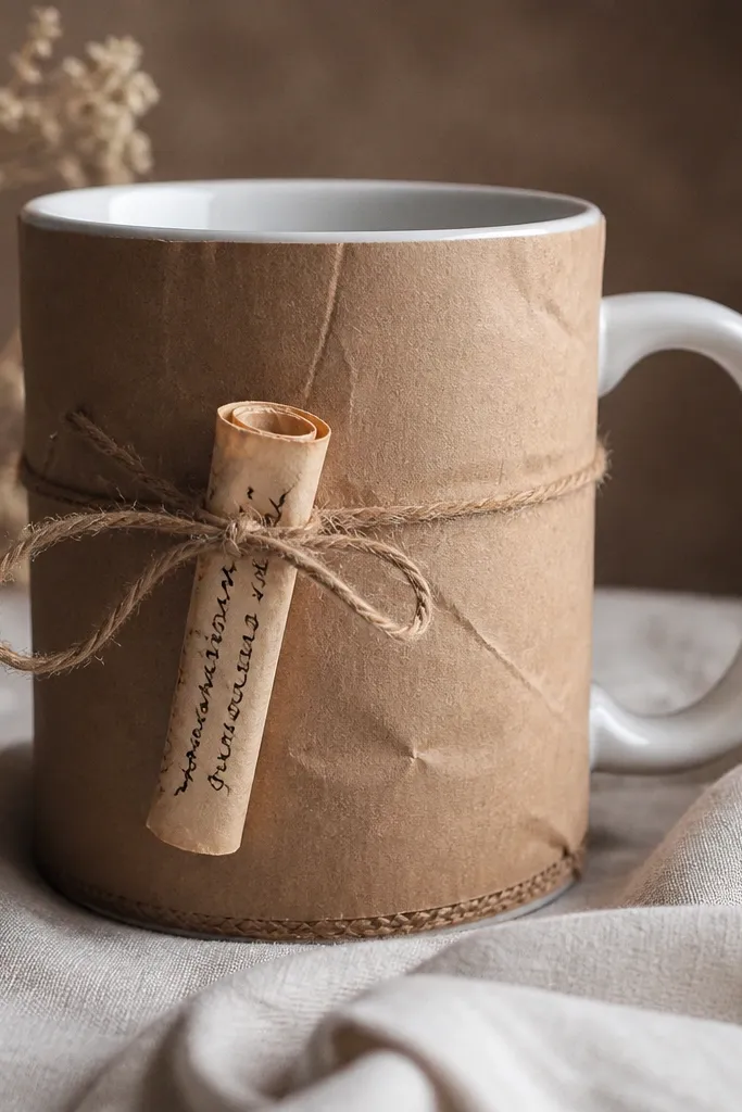A mug wrapped in tan parchment-like paper on the front, with a small curled paper scroll label tied with twine. The scroll text is stamped or handwritten in dark ink.