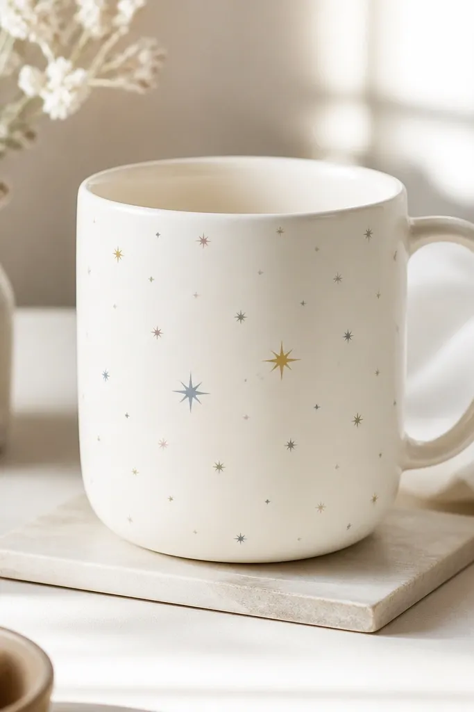 An off-white mug with scattered tiny starburst dots in pastel colors. The sprinkles are small and evenly spread, with a few larger stars near the center.