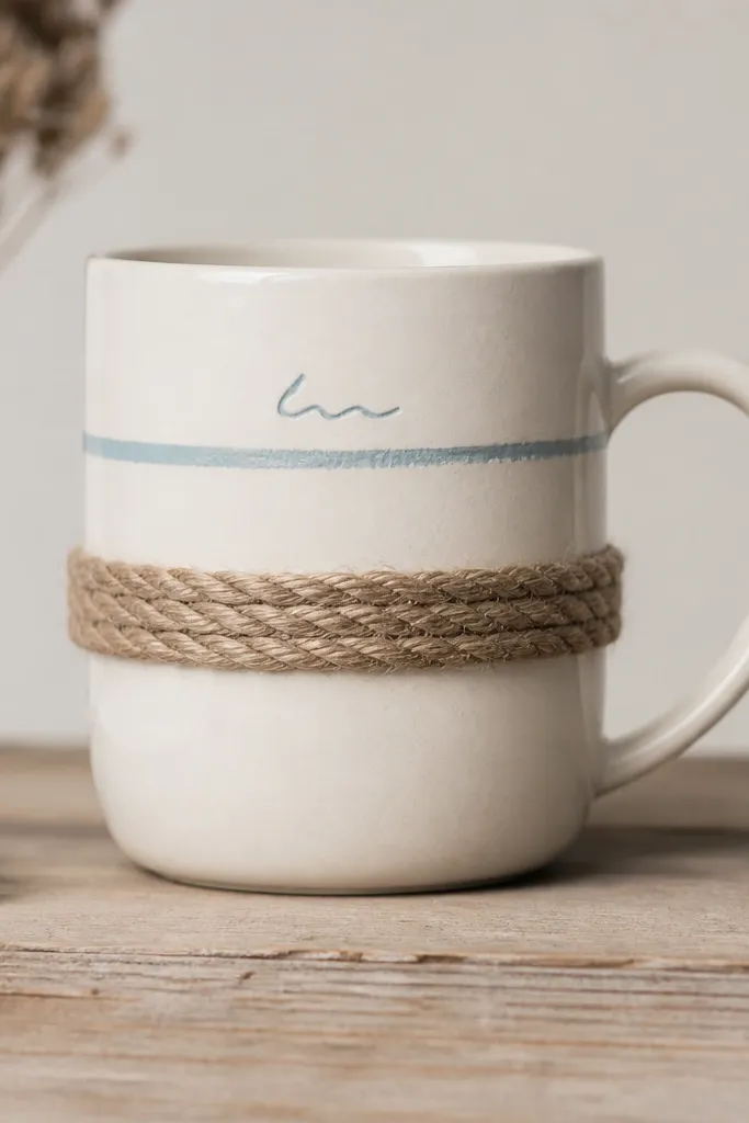 A cream mug with a horizontal rope strip glued across the front. Above the rope is a chalky blue painted line and a small handwritten word.