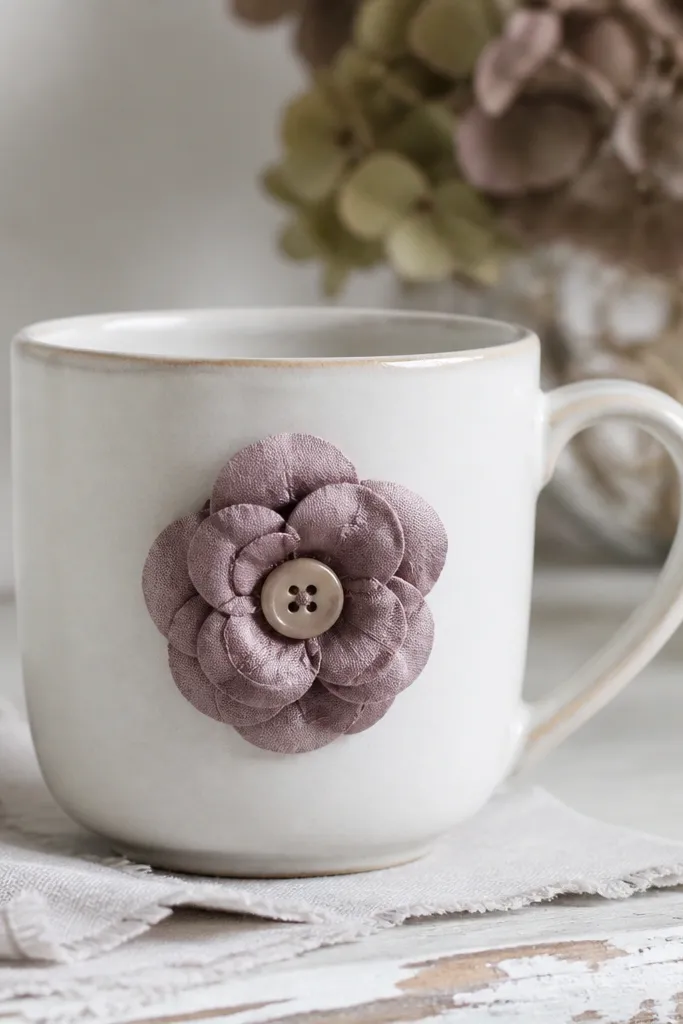 A mug with a small fabric flower on the front - layered petals in muted mauve. The flower center has a round button, and the petals look slightly puffed.