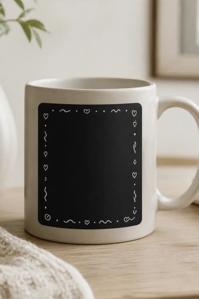 A mug with a matte black rectangular frame around the front. Inside the frame are small white doodles like hearts and squiggles, all clean and consistent.