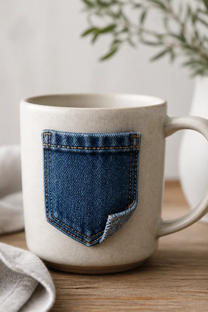 A mug with a small denim pocket panel on the front. The pocket has a seam and stitched edges drawn in light tan thread paint, plus a tiny folded corner.