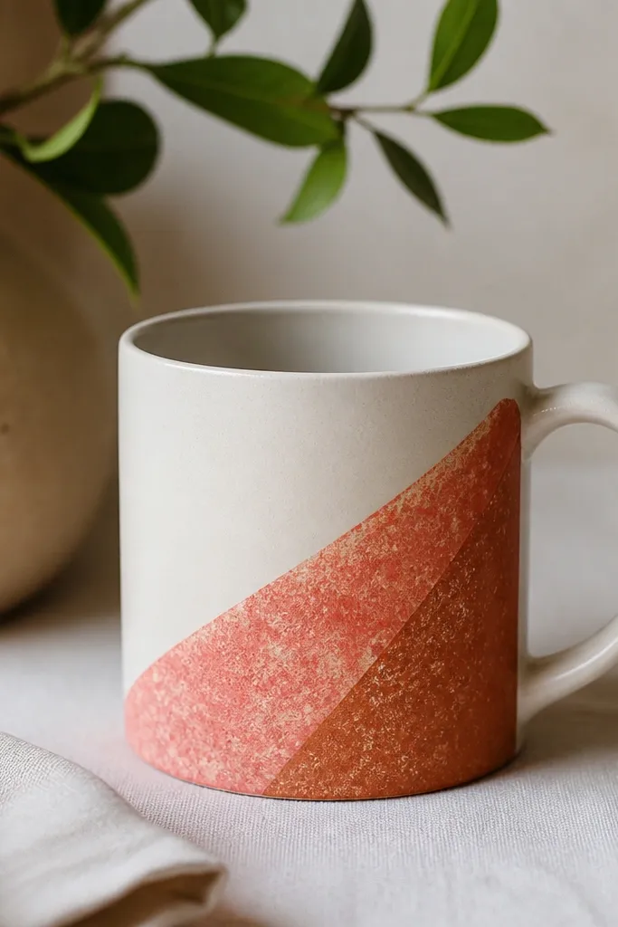 A mug with a textured sponge-painted corner in coral and terracotta. The rest of the mug is off-white, and the corner block has clean tape edges.
