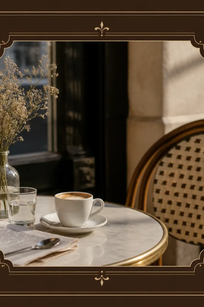 A template that looks like printed café signage: an espresso-brown border with small French-style typography and tiny decorative lines around the photo window.