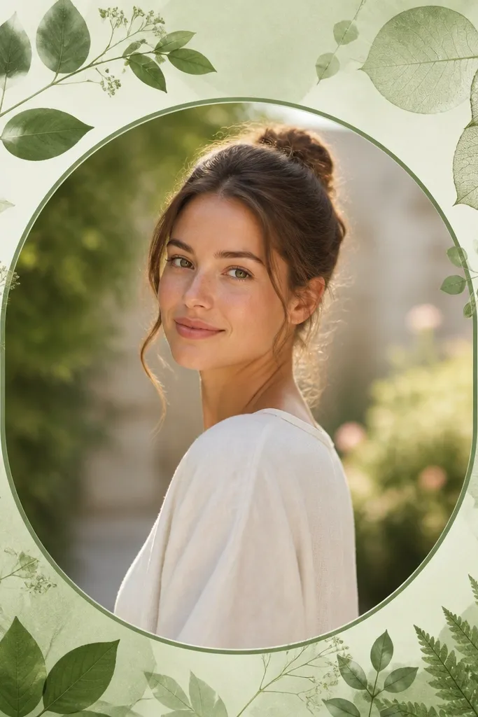 A template featuring a green botanical border with faint leaf silhouettes and a slightly translucent pressed-leaf effect around the photo window.