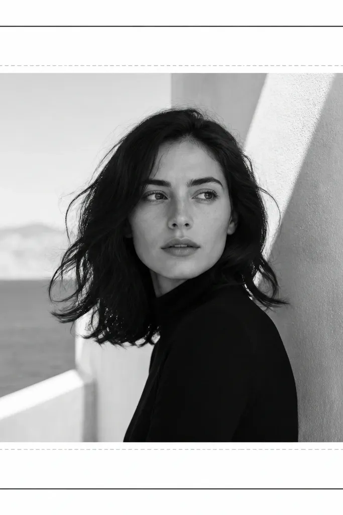 A template styled like a magazine layout: a black-and-white frame with small crop marks in the corners and a subtle dashed guide line around the photo window.
