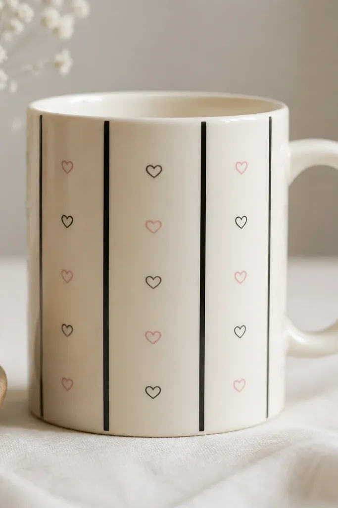 A cream mug with three clean vertical black stripes. Between the stripes, tiny outlined hearts in white and pale pink sit in a neat repeating pattern, centered around the mug's curve.