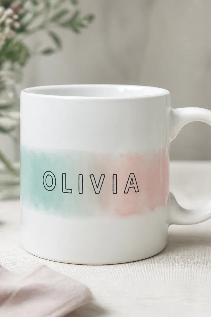 A white mug with a soft pastel band across the middle (mint fading into blush). In the center sits a hand-painted name in a simple rounded block font, with a thin dark outline.