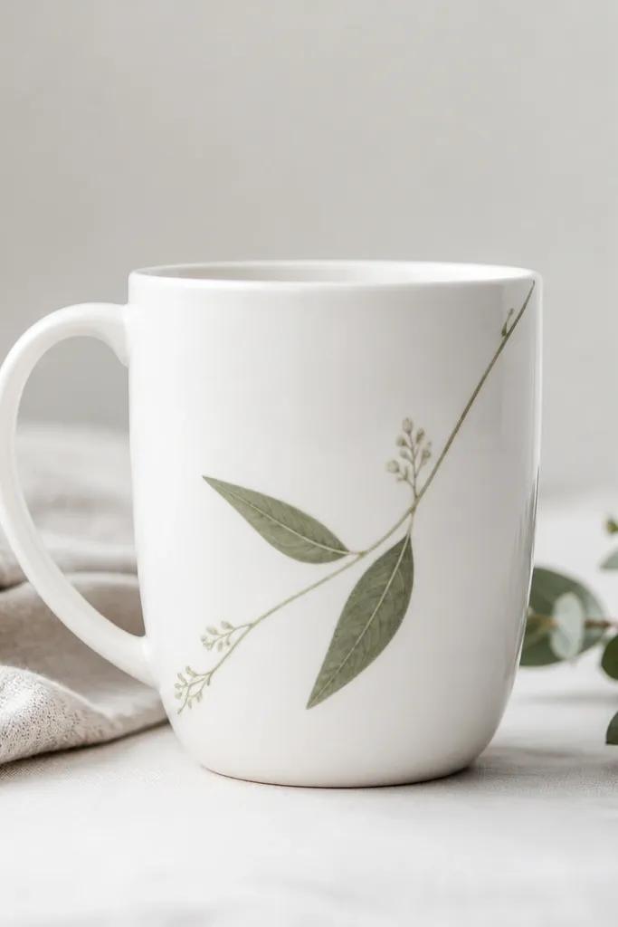A white mug with a single sage-green sprig running diagonally from near the handle to the opposite side. Two small leaves and tiny buds sit along a thin branch line.