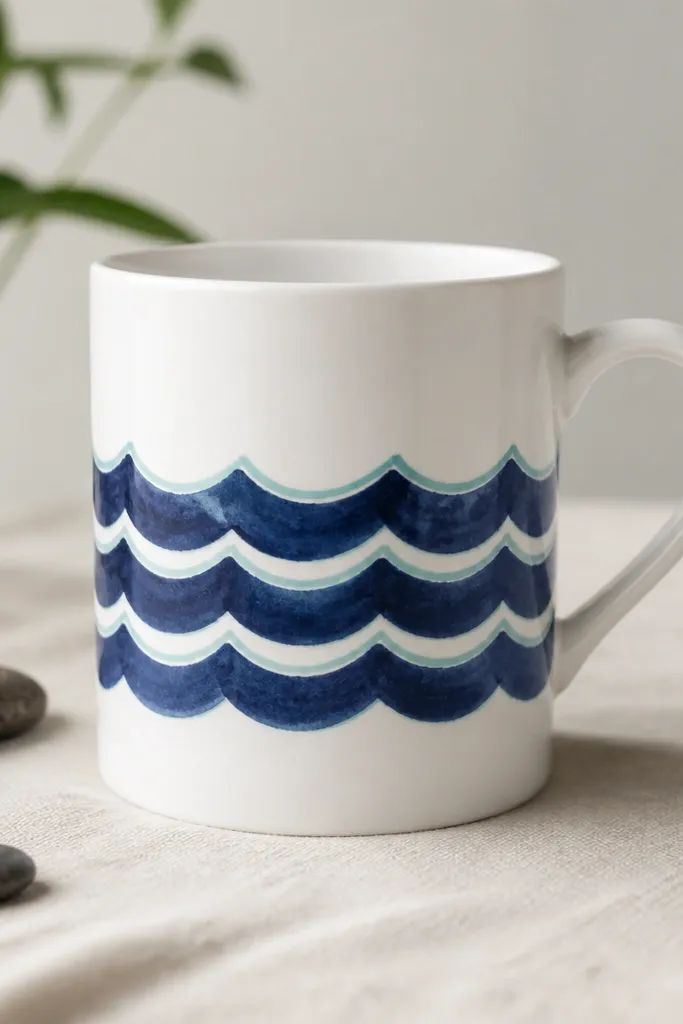 A white mug with three stacked wave lines around the middle. The waves are painted in navy blue, with thin turquoise foam lines tracing the crests.