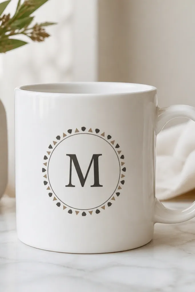 A white mug with a centered circle medallion. Inside the circle is a dark monogram letter, surrounded by a border of alternating tiny triangles and dots.