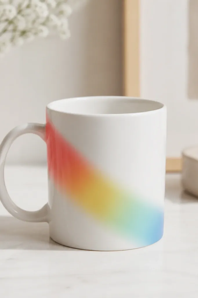A white mug with a diagonal ribbon of color starting near the handle and fading toward the opposite side. The ribbon shows smooth ombre from coral to yellow to mint to blue.