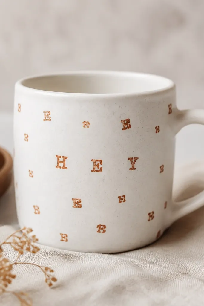 A white mug covered with small terracotta letter stamps that spell a short word in an uneven, vintage style. The letters look like they're printed, not painted.