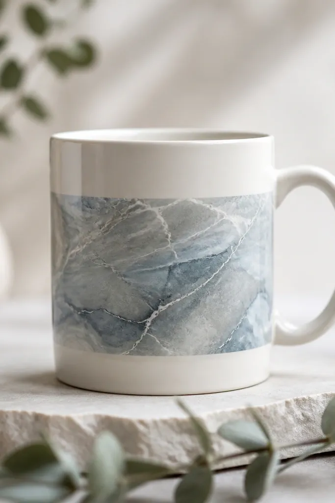A white mug with a marbled band across the middle. The band is gray and soft blue with thin white "veins" running through like stone.