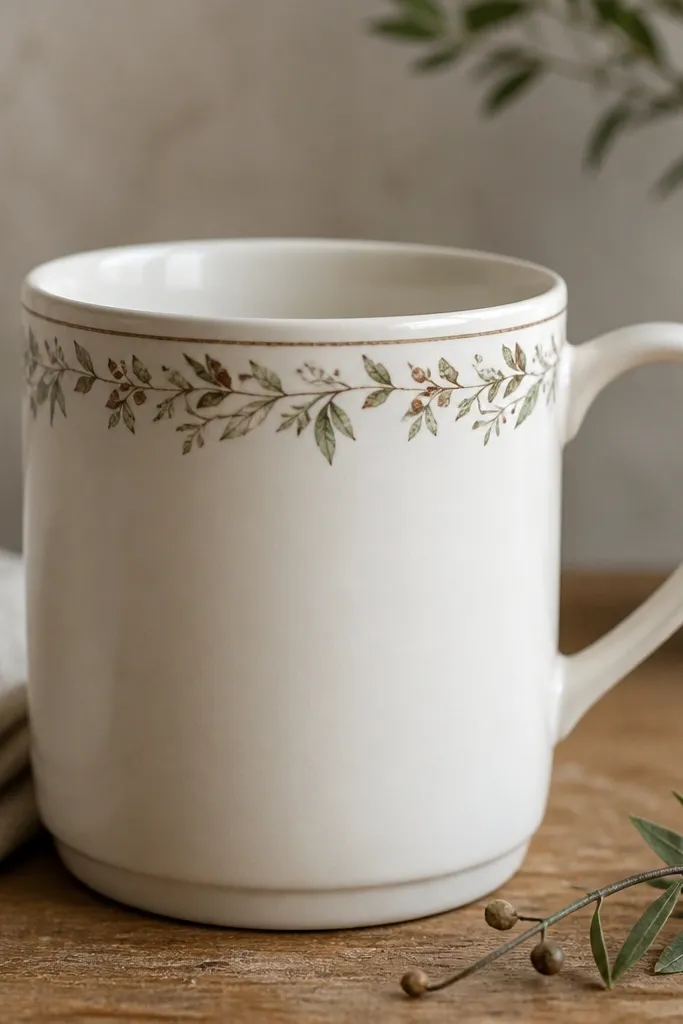 A mug with a thin painted border near the top rim. Inside the border is a ring of tiny leaves and small berries in muted green and brown, with a blank center below.