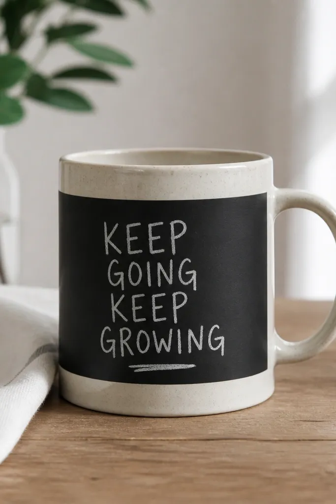 A mug with a matte black rectangle around the middle. White paint lines look like chalk strokes, spelling a short quote with slightly imperfect letter edges.