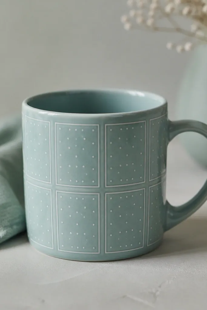 A mug with a set of small rectangles like photo frames. Everything is painted in one color family: muted teal rectangles with tiny white dots and a simple border line.