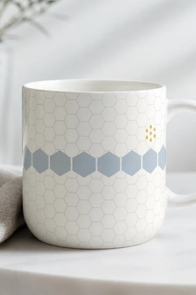 A white mug with a faint grid of hexagons in light gray. A thicker row of hexagons in dusty blue runs across the middle, with a small gold dot cluster near the handle side.