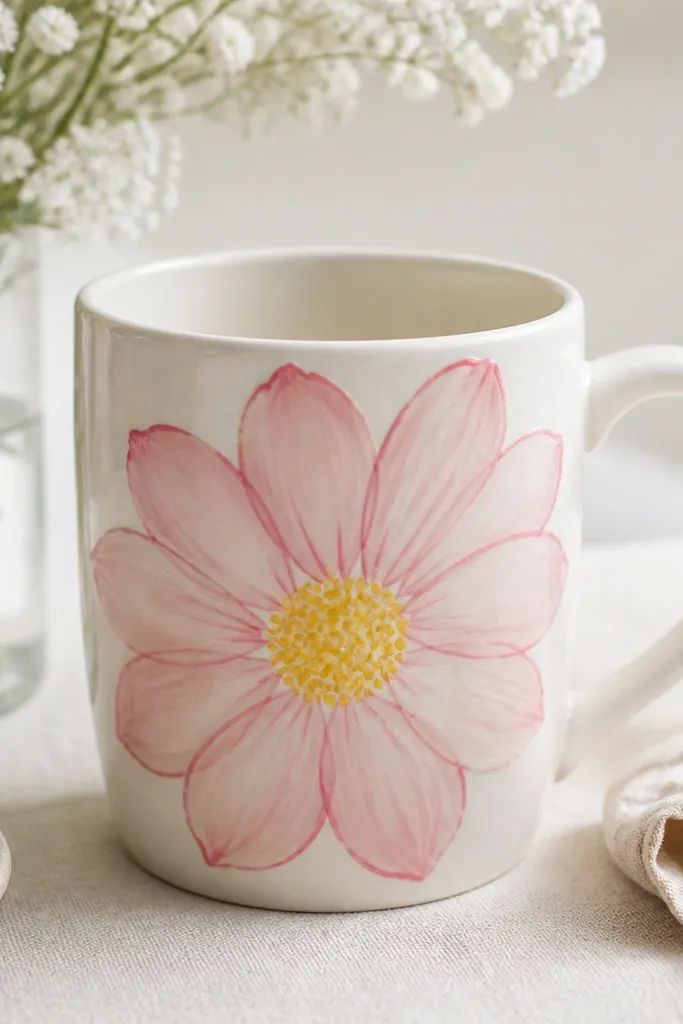 A white mug with one large flower painted on the side. The petals are blush pink with a slightly darker outline, and the center is a glowing yellow circle made of layered dots.