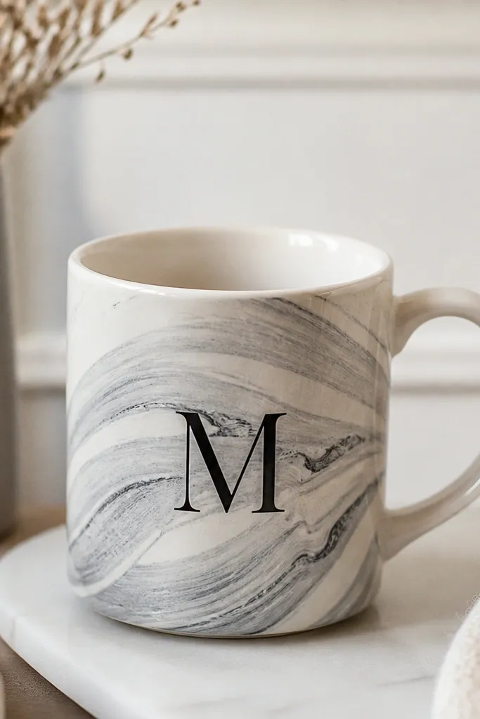 A mug with a monochrome background band. It looks like gray brushstrokes with soft stone-like swirls, and a single black initial sits on top.