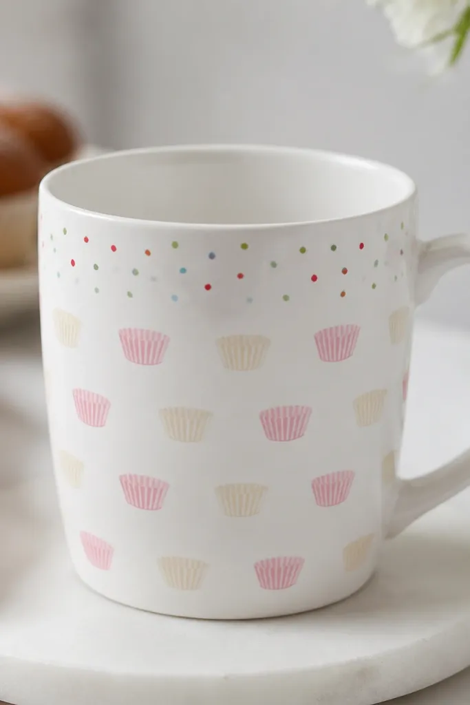 A white mug with a repeating pattern of tiny cupcake liners in light pink and cream. Small colored sprinkles (red, green, blue) dot the top area like a border.