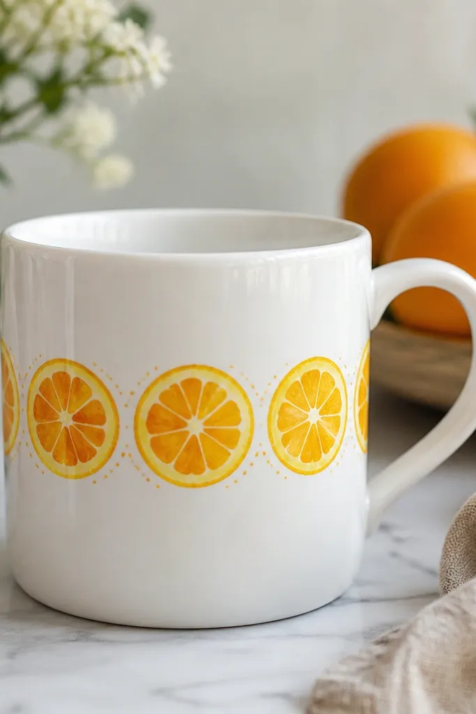 A white mug with a border of citrus slices around the middle. Each slice is painted in yellow with orange segments, plus tiny orange dot "zest" near the edges.