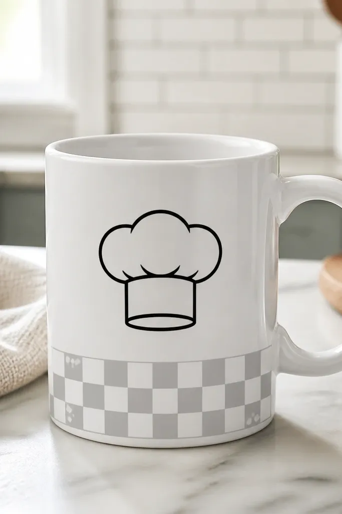 A mug with a simple black outline chef hat centered on the side. Beneath it is a checkered band in white and light gray, with small white dots in the corners.