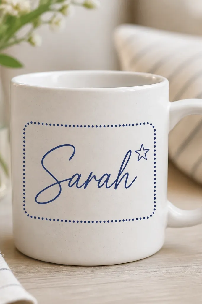 A mug with a center rectangle like a name tag. The rectangle has a dotted border in dark blue, and inside is a large first name in matching blue script with a small star accent.