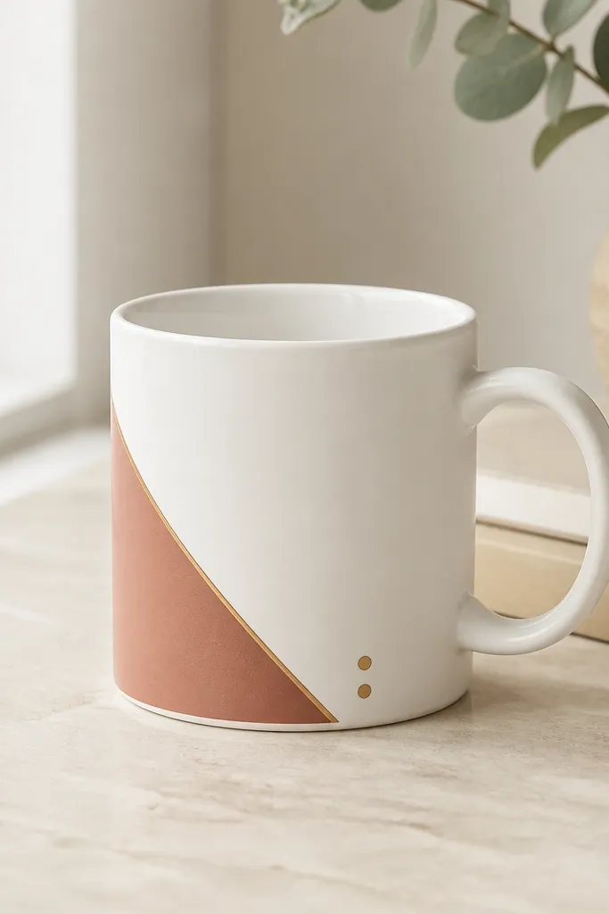 A white mug with a single color-blocked corner triangle on one side. The triangle is muted coral and has a thin gold outline, with two small gold dots near the base.