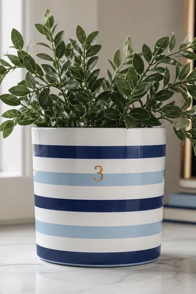 A white pot with alternating navy and light blue horizontal stripes, all perfectly straight, with a small gold numeral 3 on one side.