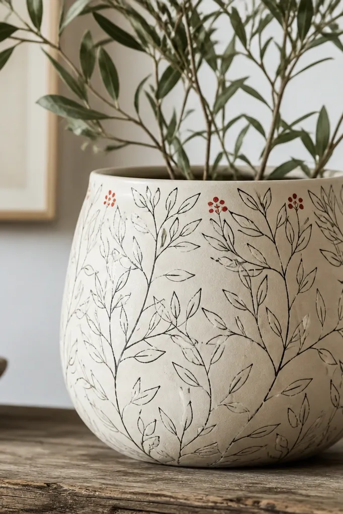 A cream pot covered in thin black leaves and stems drawn like ink sketches, with a few tiny red berries near the top edge.