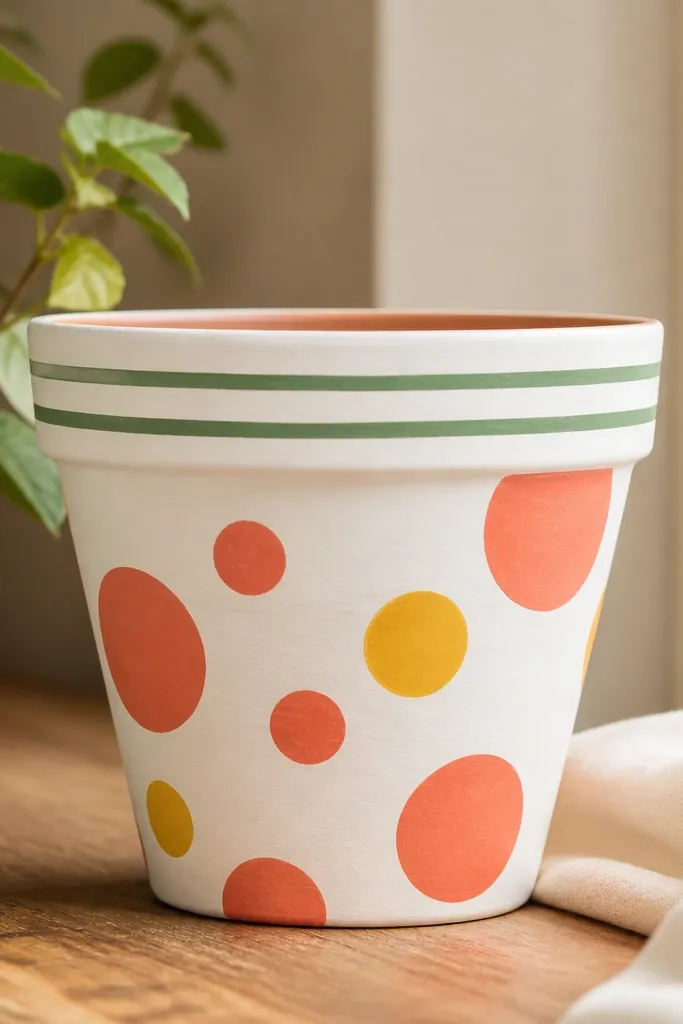 A terracotta pot painted in a warm white base with large coral and yellow polka dots in mixed sizes, plus two thin green stripes near the rim.