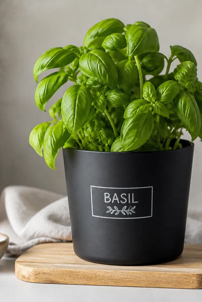 A matte black pot with a small white chalk-style label strip that reads 'BASIL' and a tiny sprig drawn under it.