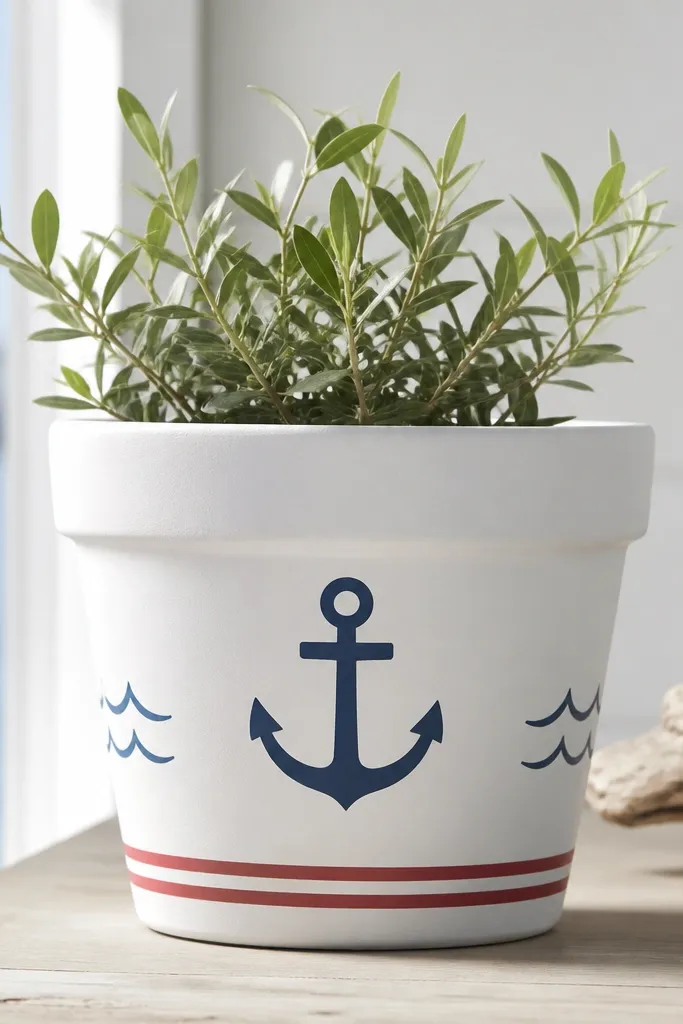 A white pot with a navy anchor centered on the front and small wave lines on the sides, plus thin red-and-white stripe accents near the base.