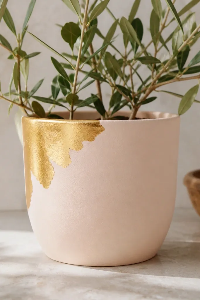 A terracotta pot painted in a pale blush base with a gold leaf effect only in the top-left corner, forming irregular torn-paper shapes.